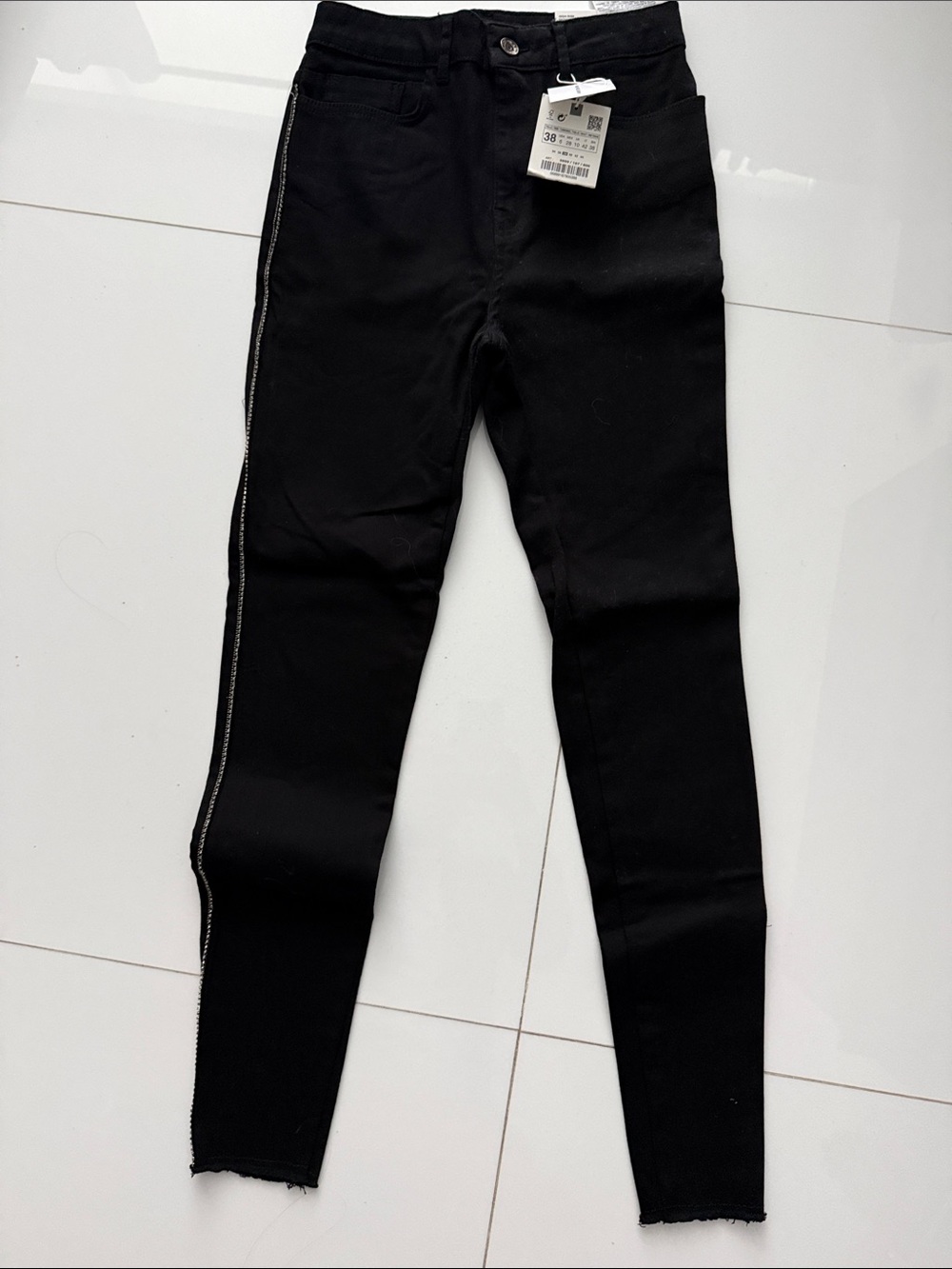 Zara Black Skinny Jeans with Contrast Rhinestone Side Stitch